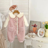 2 Pc Baby Girl Fluffy Overall Romper & Ruffle Collar Top Set