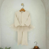 2 Pc Baby Girl Ribbed Knit Cardigan & Tulle Trim Pants Set