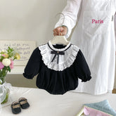 Baby Girl Eyelet Lace Collar Bow Bubble Romper