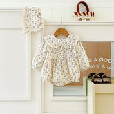 2 Pc Baby Girl Floral Print Lace Collar Bubble Bodysuit with Bonnet