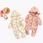 Baby Girl Cherry Print Ruffle Hooded Romper