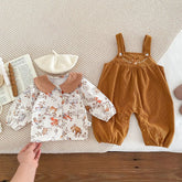 2 Pc Baby Girl Forest Animals Print Corduroy Overalls Set