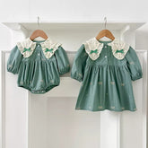 Girls Mini Bow Detail Peter Pan Collar Dress/Bodysuit