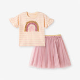 2 pcs Girls Rainbow Stripe Tee w/ Mesh Skirt