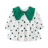 Girls V Collar Green Flower Ruffle Dress