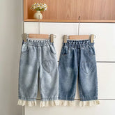 Girls Ruffle Lace Hem Heart Patch Jeans