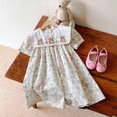 Girls Vintage Style Bear Print Square Collar Dress