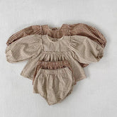 2 Pc Baby Girl Gingham Puff Sleeve Shirt & Shorts