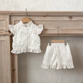 2 Pc Baby Girl Frog Button Mandarin Shirt & Shorts Set