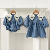 Girls Mini Bow Detail Peter Pan Collar Dress/Bodysuit