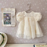 Baby Girl Elegant Flower Emb Mesh Puff Sleeve Dress