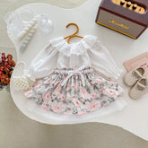 2 Pc Baby Girl Ruffle Collar Shirt & Floral Skirt Set