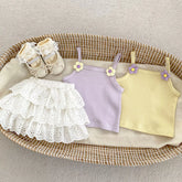 2 Pc Girl RIbbed Cami Tank & Tiered Lace Skirt