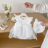2 Pc Baby Girl Semi Sheer Floral Dress with Bonnet