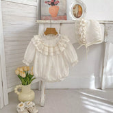 2 Pc Baby Girl Ethereal Ruffle Bib Bodysuit w/ Bonnet