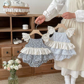 Baby Girls Gingham Lace Sleeve Bodysuit Dress