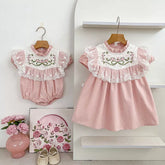 Girls Lace Trim Flower Embroidered Bodysuit or Dress