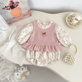 2 Pc Baby Girl Floral Bodysuit with Cherry Vest