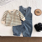 2 Pc Baby Boy Denim Overall w/ Stripe Shirt