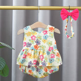 3 Pc Summer Daisy Flower Bow Shirt and Shorts Set
