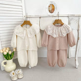2 Pc Girls Ruffle Collar Sweater Cardigan w/ Pants