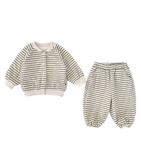 2 Pc Baby Boy Striped Fluffy Cardigan & Pants Set