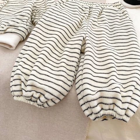 2 Pc Baby Boy Striped Fluffy Cardigan & Pants Set
