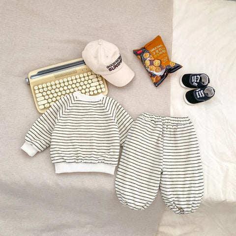 2 Pc Baby Boy Striped Fluffy Cardigan & Pants Set