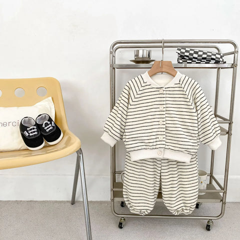 2 Pc Baby Boy Striped Fluffy Cardigan & Pants Set