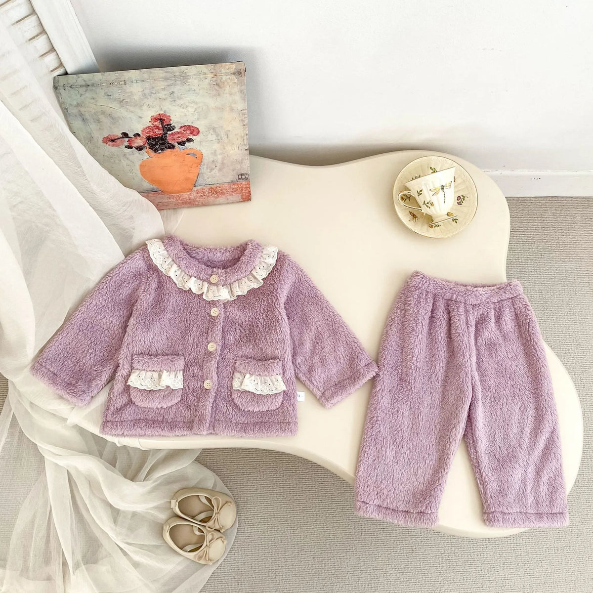2 Pc Baby Girl Lace-Collar Fluffy Cardigan & Pants Set