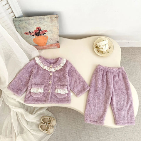 2 Pc Baby Girl Lace-Collar Fluffy Cardigan & Pants Set