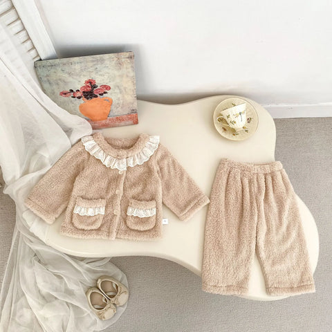 2 Pc Baby Girl Lace-Collar Fluffy Cardigan & Pants Set