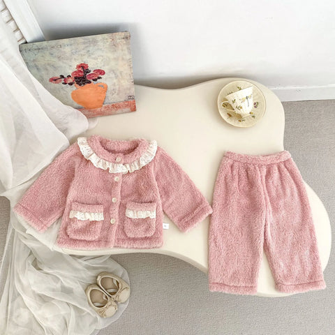 2 Pc Baby Girl Lace-Collar Fluffy Cardigan & Pants Set