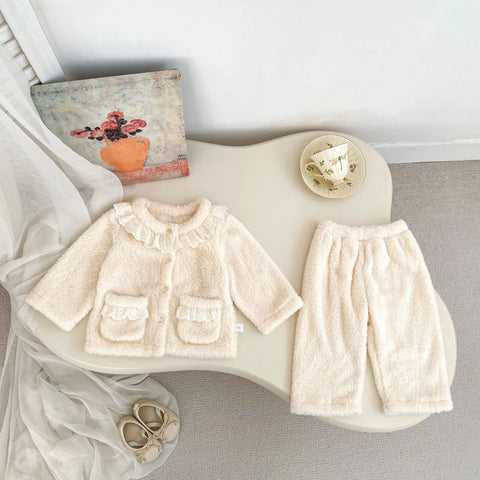 2 Pc Baby Girl Lace-Collar Fluffy Cardigan & Pants Set