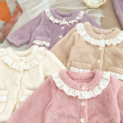 2 Pc Baby Girl Lace-Collar Fluffy Cardigan & Pants Set