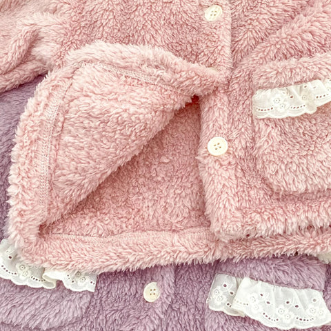 2 Pc Baby Girl Lace-Collar Fluffy Cardigan & Pants Set