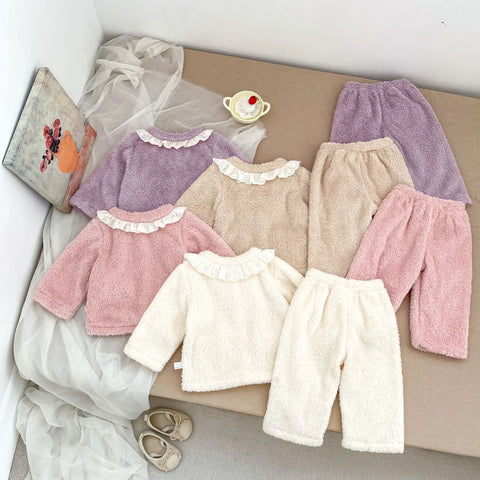 2 Pc Baby Girl Lace-Collar Fluffy Cardigan & Pants Set
