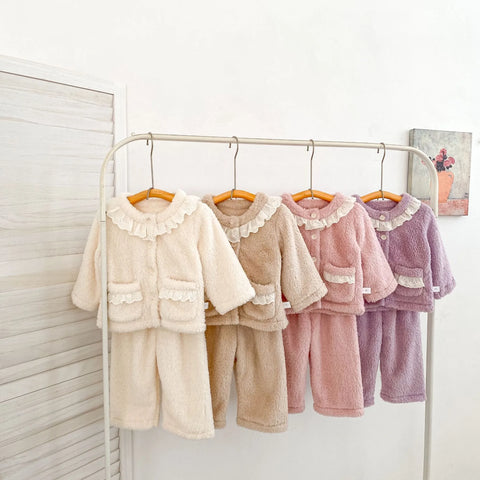 2 Pc Baby Girl Lace-Collar Fluffy Cardigan & Pants Set