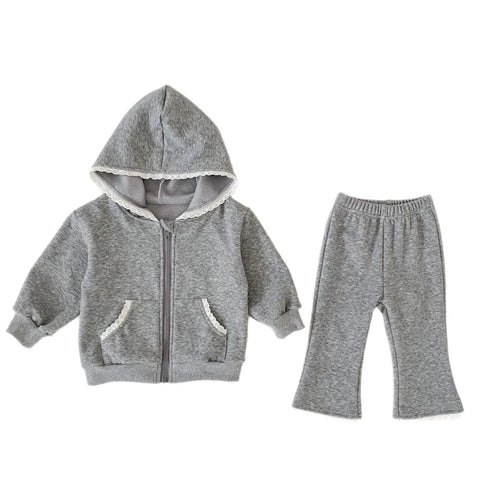 2 Pc Baby Girl Lace-Trim Fleece Zip Hoodie & Pants Set