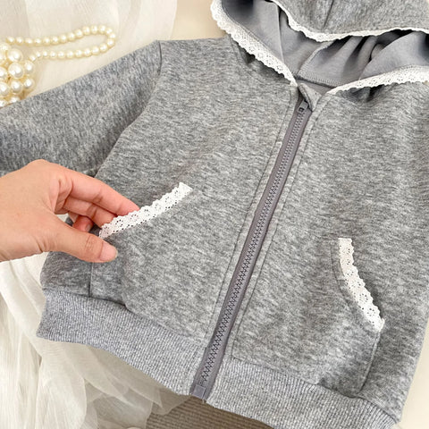 2 Pc Baby Girl Lace-Trim Fleece Zip Hoodie & Pants Set