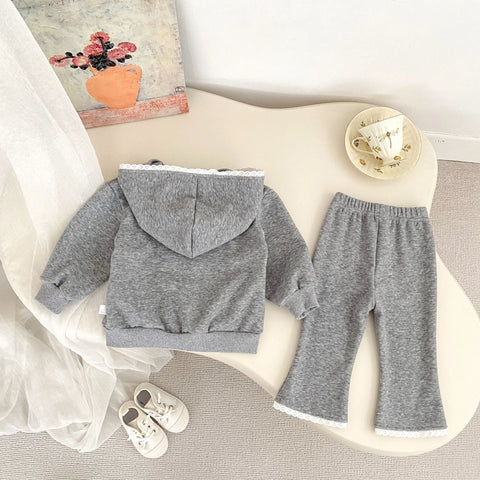 2 Pc Baby Girl Lace-Trim Fleece Zip Hoodie & Pants Set