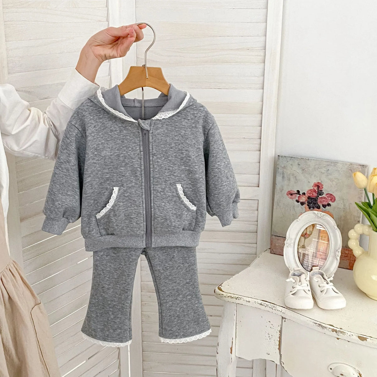 2 Pc Baby Girl Lace-Trim Fleece Zip Hoodie & Pants Set