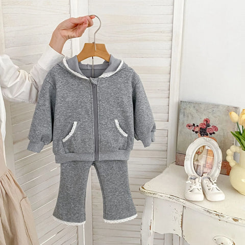 2 Pc Baby Girl Lace-Trim Fleece Zip Hoodie & Pants Set