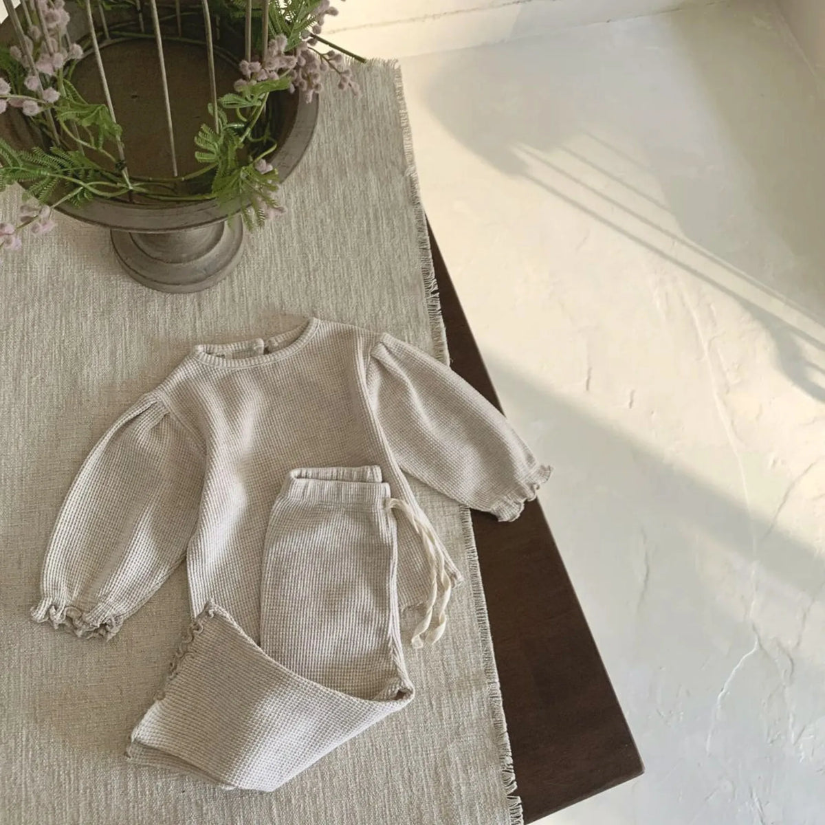 2 Pc Baby Girl Puff Sleeve Waffle Knit Flare Pants Set