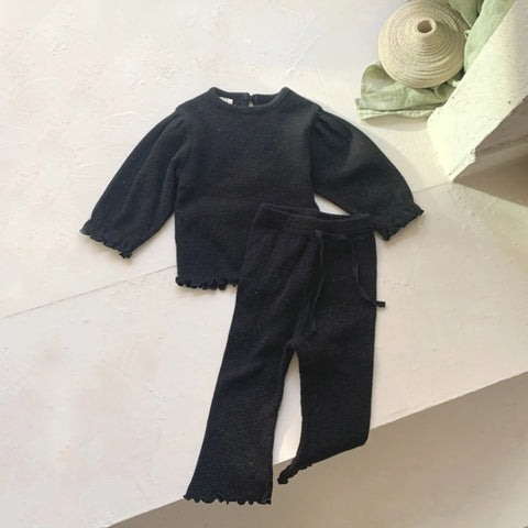 2 Pc Baby Girl Puff Sleeve Waffle Knit Flare Pants Set