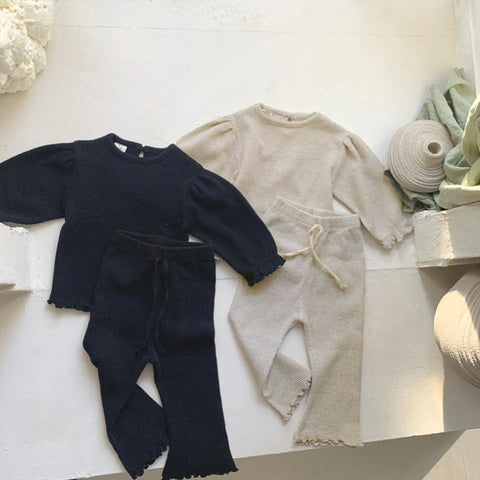 2 Pc Baby Girl Puff Sleeve Waffle Knit Flare Pants Set