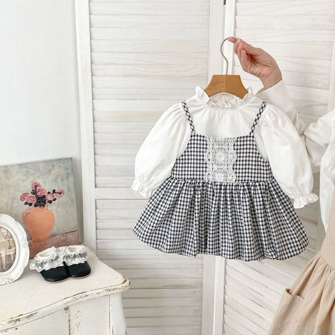 2 Pc Baby Girl Ruffle Collar Blouse & Gingham Lace-Panel Dress Set