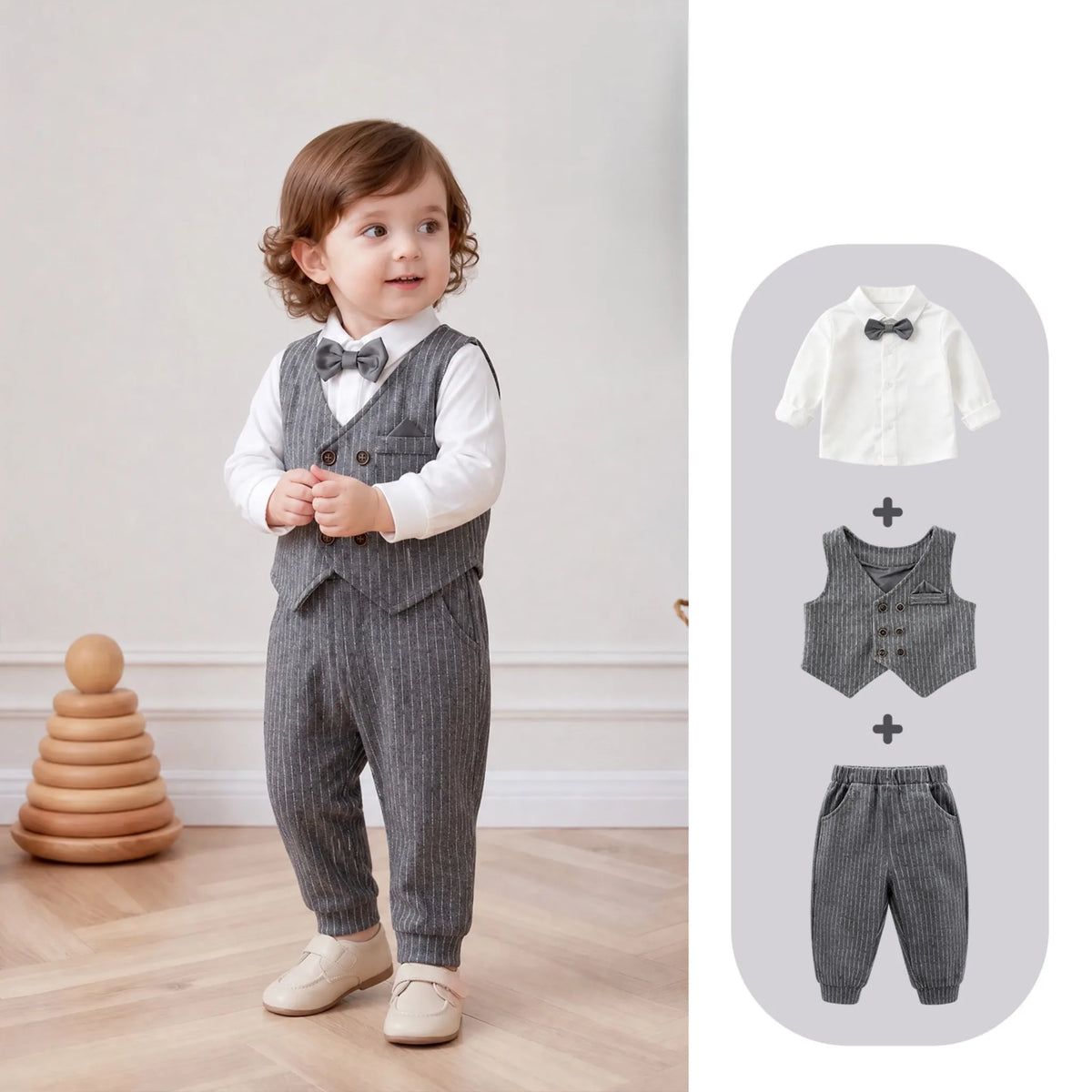 3 Pc Baby Boy Pinstripe Bow Tie Vest, Shirt & Pants Set
