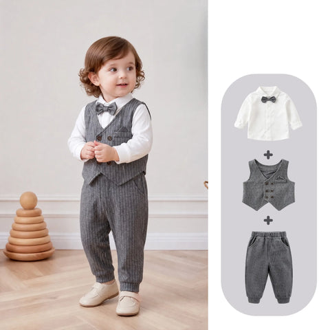 3 Pc Baby Boy Pinstripe Bow Tie Vest, Shirt & Pants Set