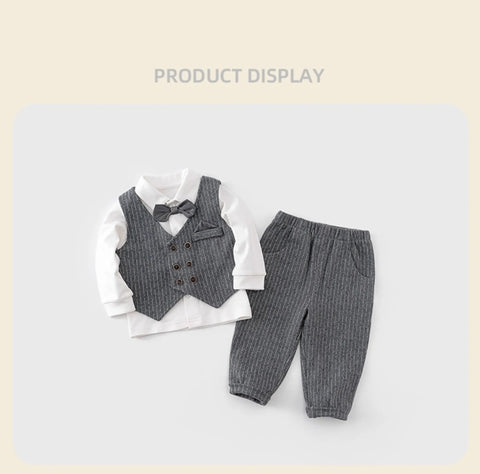 3 Pc Baby Boy Pinstripe Bow Tie Vest, Shirt & Pants Set